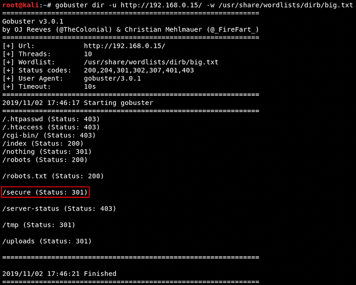 gobuster directory scan results
