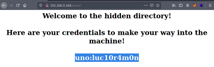 A page in a hidden directory with the credential for the first user written in white.